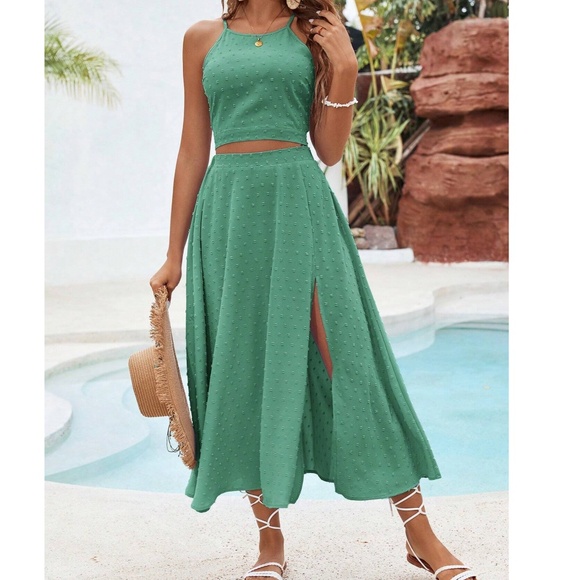 Boho Swiss Dot halter Crop Top High Waisted Maxi Skirt - Picture 4 of 9